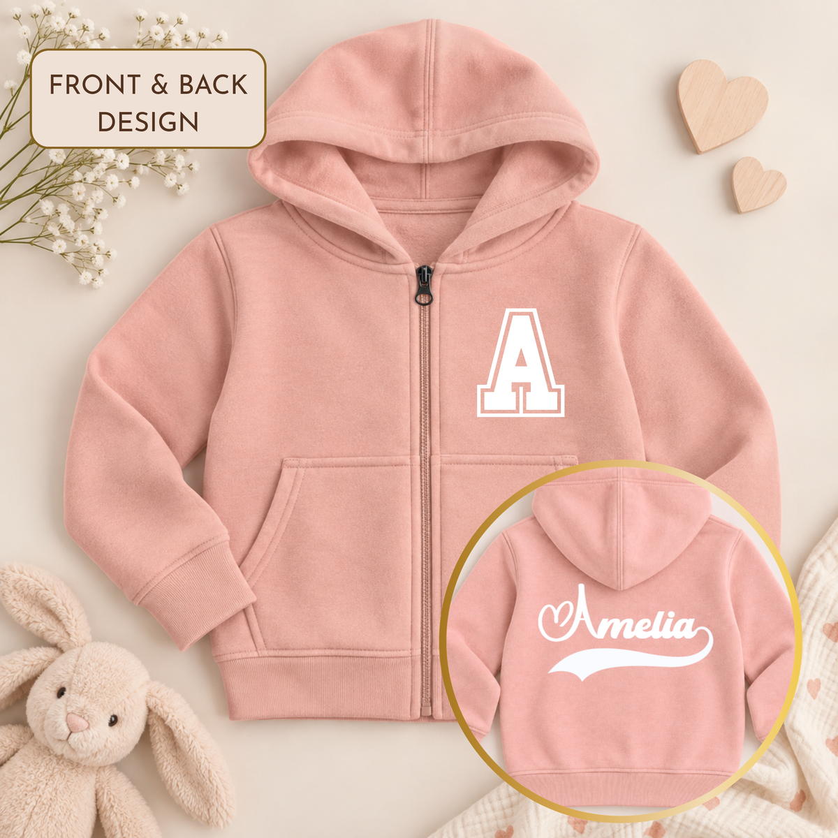 Girls Personalised Varsity Hoodie with varsity initial on front and personalised script name on back, available in multiple colours.