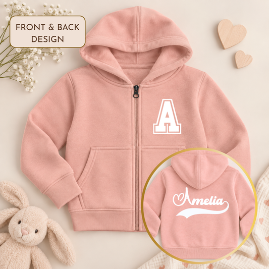 Girls Personalised Varsity Hoodie with varsity initial on front and personalised script name on back, available in multiple colours.