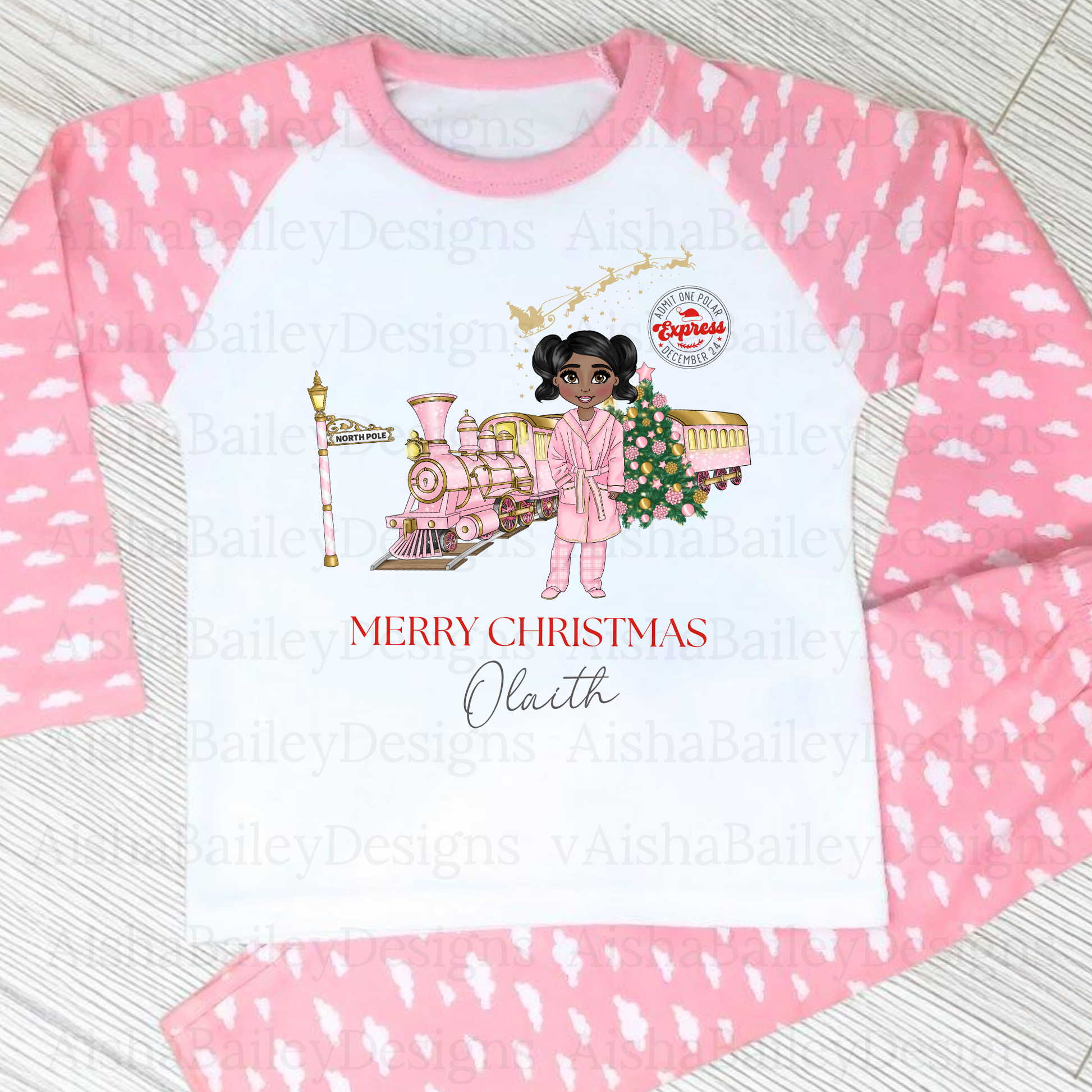 Polar Express Christmas Pyjamas: A set of Polar Express Christmas pyjamas for children, featuring a festive design with a Christmas train and the message "Merry Christmas." The pyjamas are customizable, allowing for personalization of the doll's hair color, skin tone, and eye color to reflect the child's unique features, creating a special, memorable keepsake.