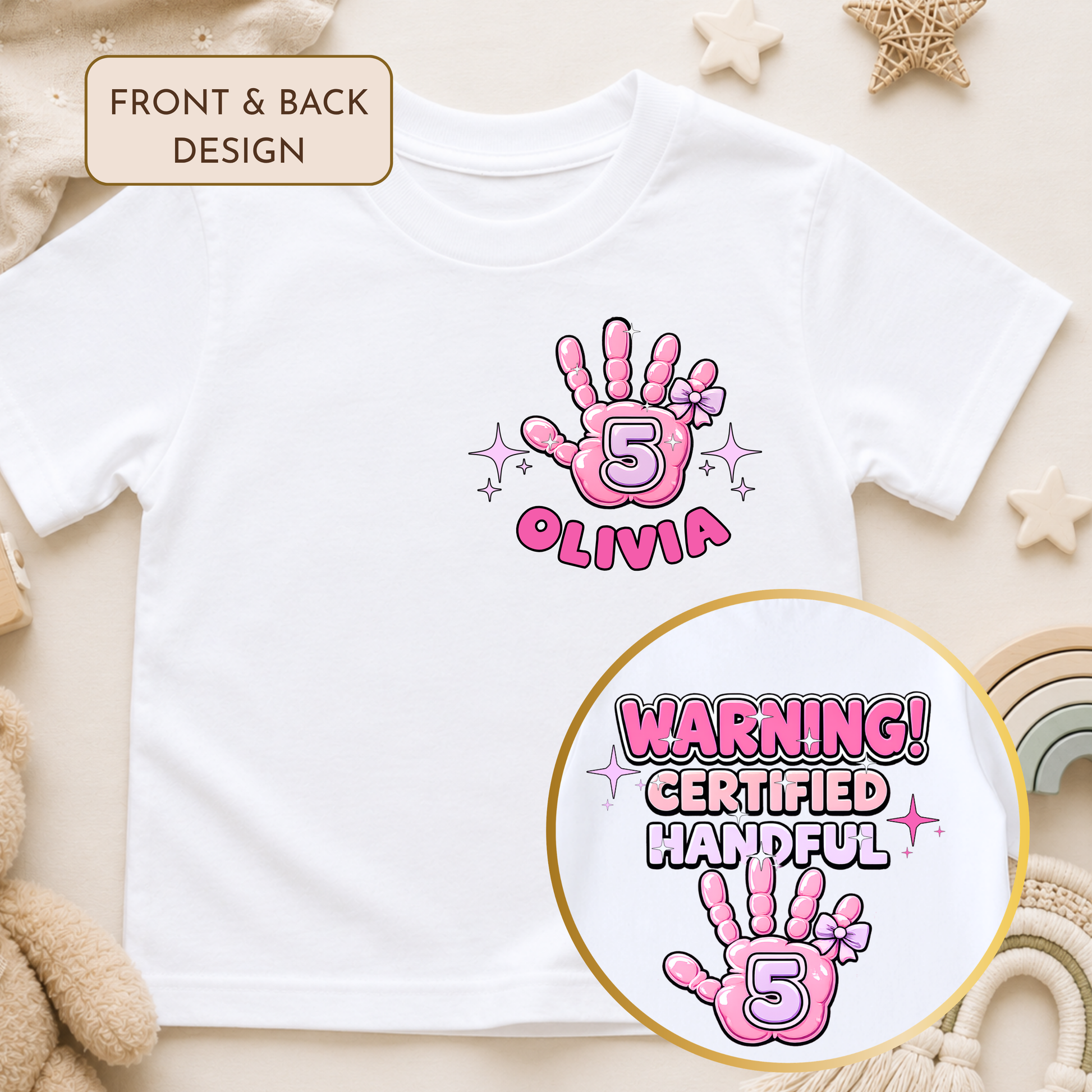 Personalised 5th Birthday T-shirt: Warning! Certified Handful Tee for Girls AishaBaileyDesigns