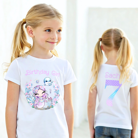 Mermaid Birthday T-shirt for Girls with personalisation: A vibrant and magical T-shirt designed for a girl's birthday celebration, featuring a glitter-like mermaid print on both the front and back. The shirt can be personalised with the birthday girl's name for a special touch: Personalized, Girls, Glitter-like, Mermaid, Birthday, T-shirt, Front and Back Print, Girls mermaid birthday gift