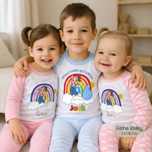 Ms Rachel Matching Sibling birthday Pyjamas: Ms Rachel Match With Me personalised pyjamas with sibling birthday design and names. Sister of the birthday girl, brother of the birthday boy, 