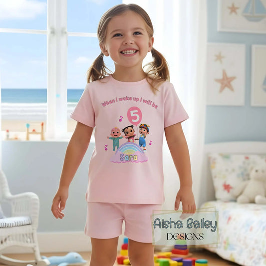 Personalised Cocomelon birthday pyjamas: Girls Short Birthday PJs with custom name and age