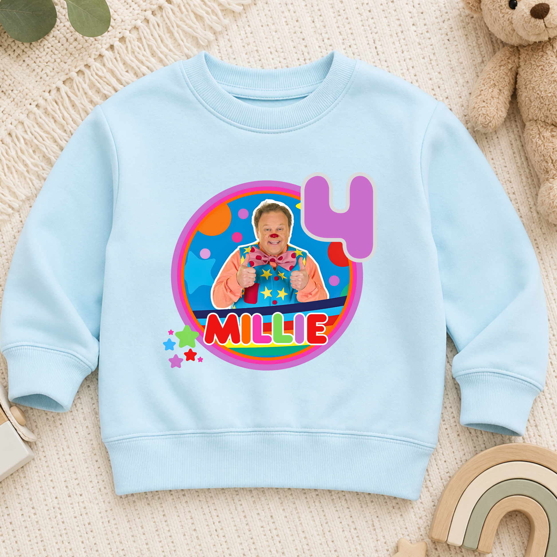 Girls Personalised Mr Tumble Birthday Sweatshirt, A sweatshirt with a Mr Tumble birthday design for girls which is personalised with their custom name and age