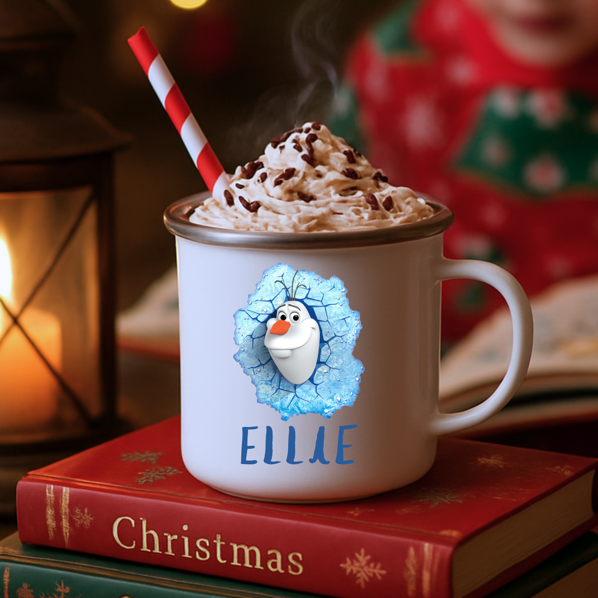 Kids Christmas Mug personalised with Frozen Olaf design and custom name.