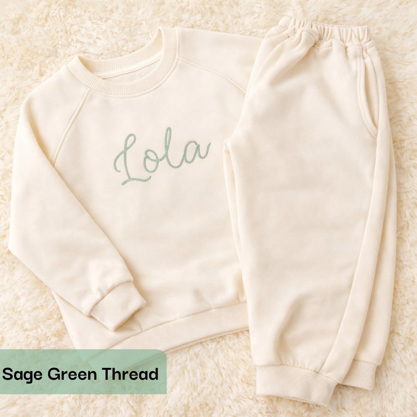 Personalised embroidered loungewear with a name: A child wearing a loungewear set with their name displayed on the front. Perfect for Christmas and birthday gifting