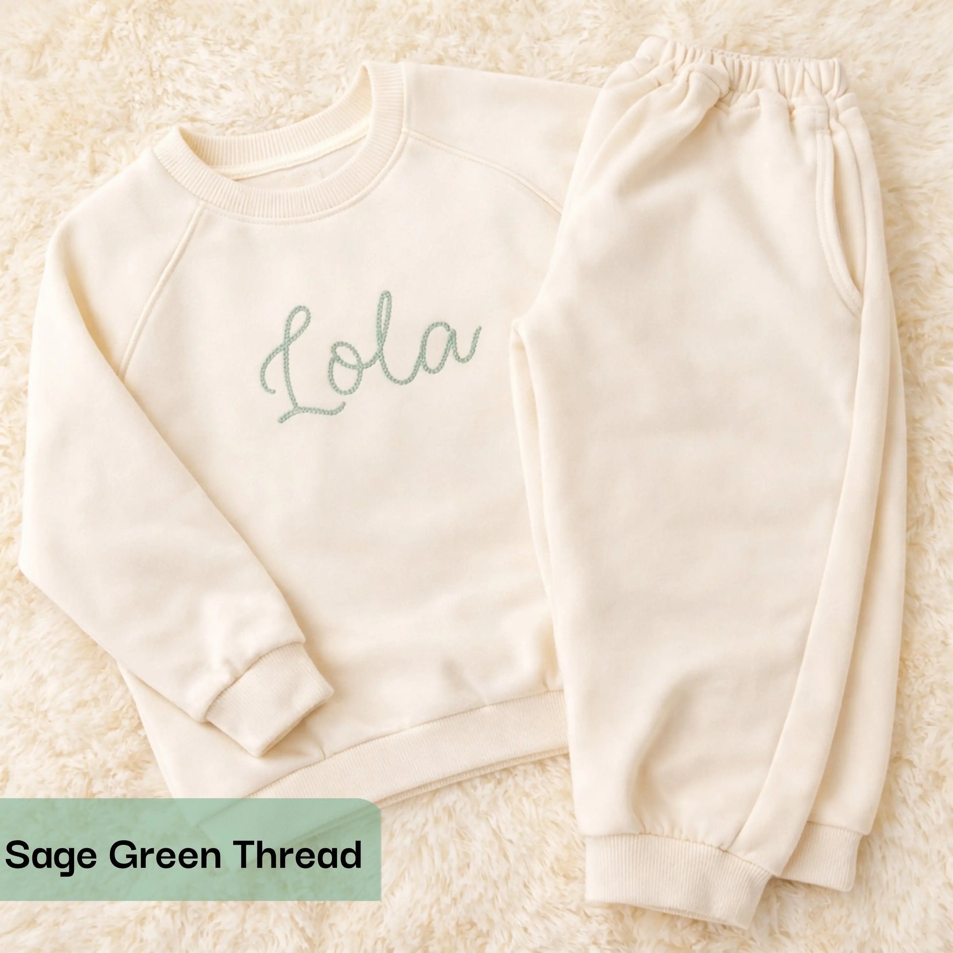 Personalised embroidered loungewear with a name: A child wearing a loungewear set with their name displayed on the front. Perfect for Christmas and birthday gifting
