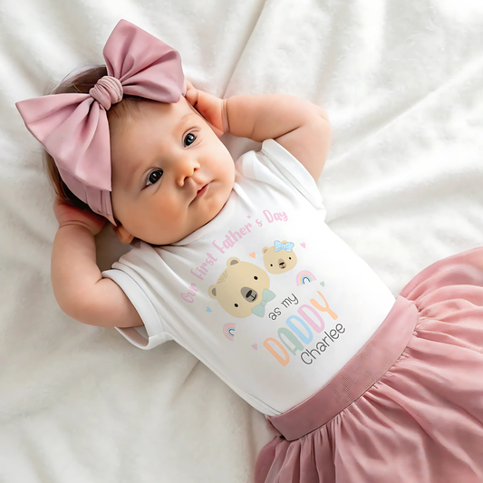 Baby Girls Personalised Teddy Bear 1st Father's Day Outfit: Sleepsuit, Vest, T-Shirt or Bib