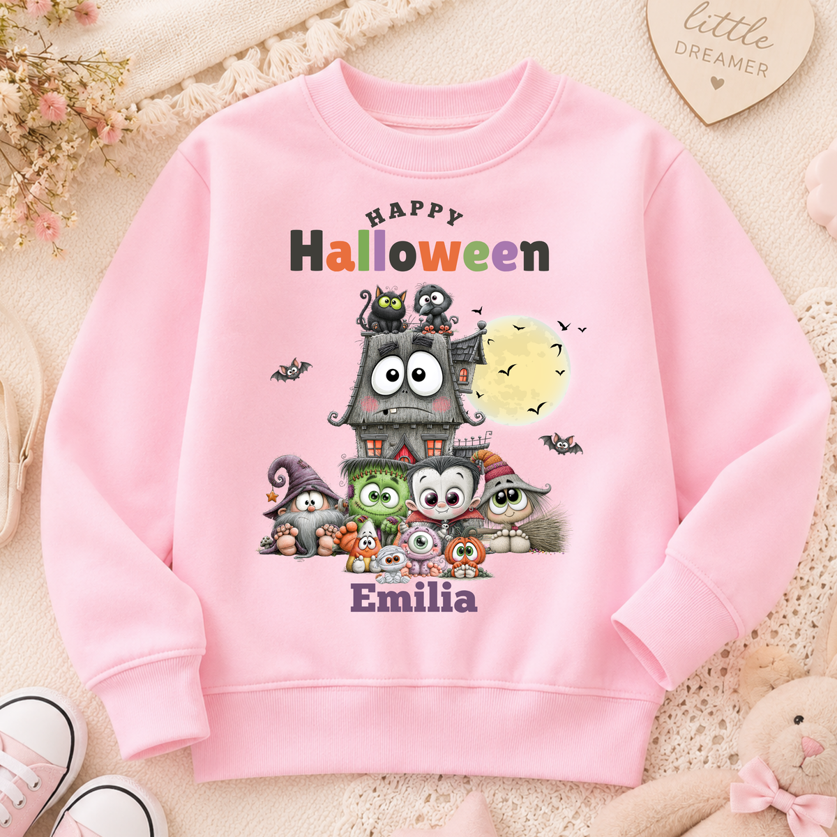 Personalised Halloween Sweatshirt for kids with cute monsters, haunted house, moon, bats and child's name