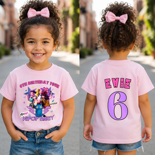 Personalised Kpop Demon Hunters Birthday T-Shirt for Girls with colourful front design and custom name and age printed on the back.