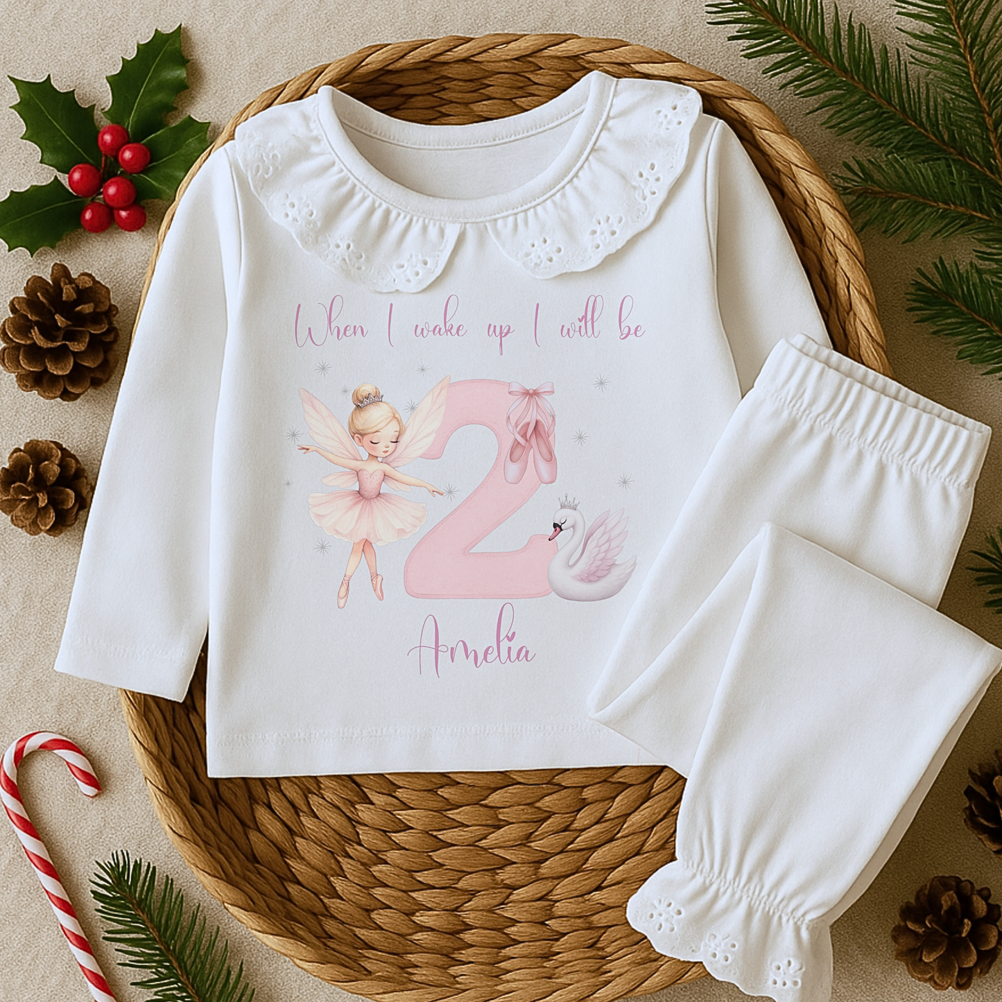 Ballerina Birthday Pyjamas – Personalised Fairy Pyjamas for Girls with Frilly Collar and Leg Cuffs