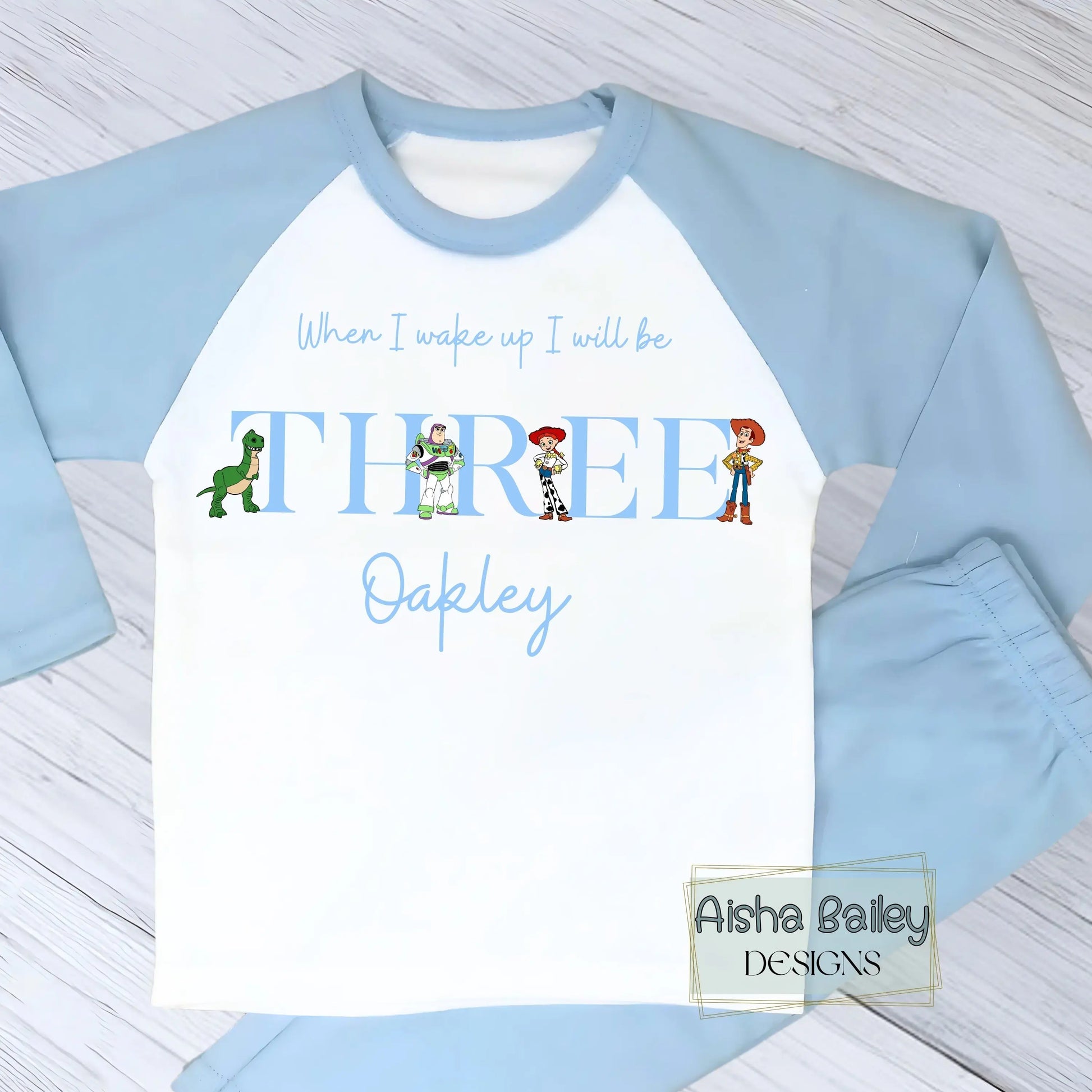 Personalised Toy Story Birthday Pyjamas for Boys with custom name and age, when i wake up i will be