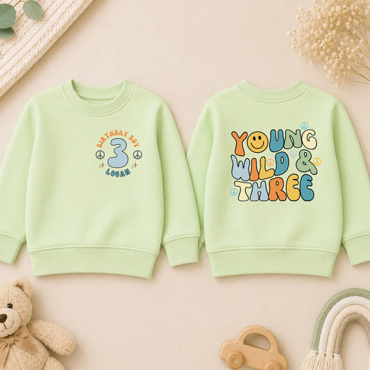 Personalised Boys Young Wild and Three Birthday Sweatshirt with a Groovy Retro Vibe - 3rd birthday Jumper AishaBaileyDesigns