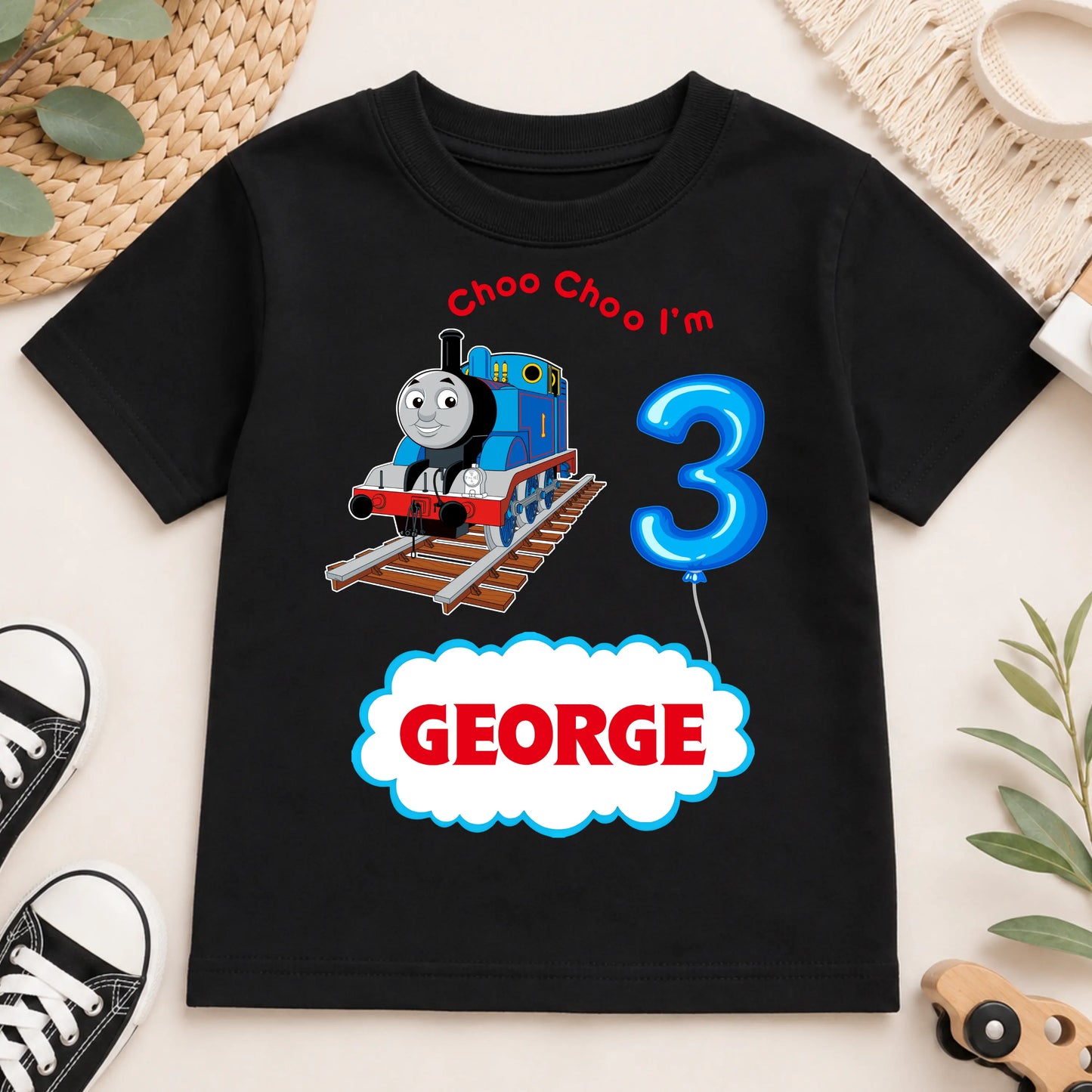 Boys Personalised Thomas the Tank Engine Birthday T-shirt - any name and age, Perfect for 2nd Birthday AishaBaileyDesigns