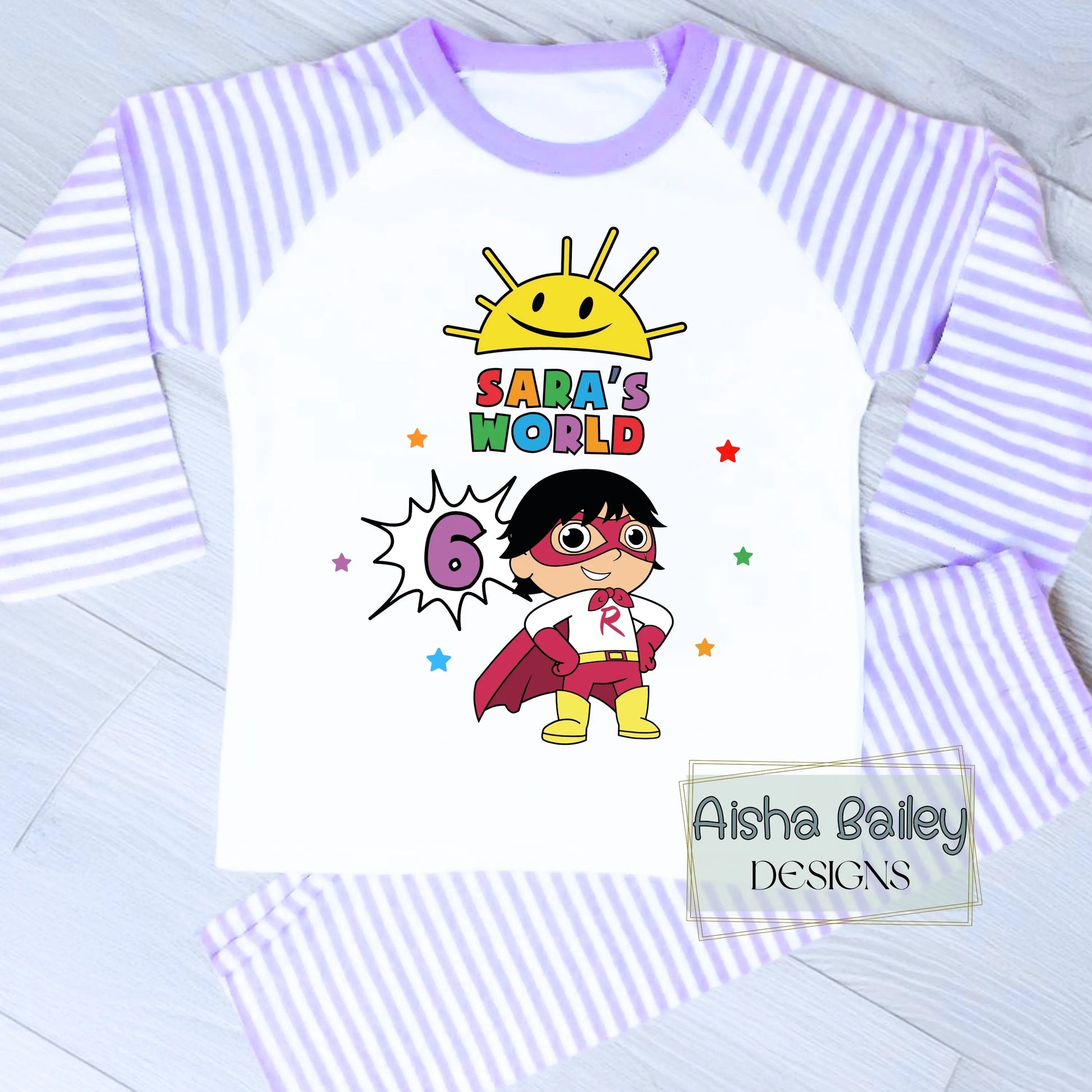Ryan's World personalised birthday pyjamas for girls with colourful superhero design