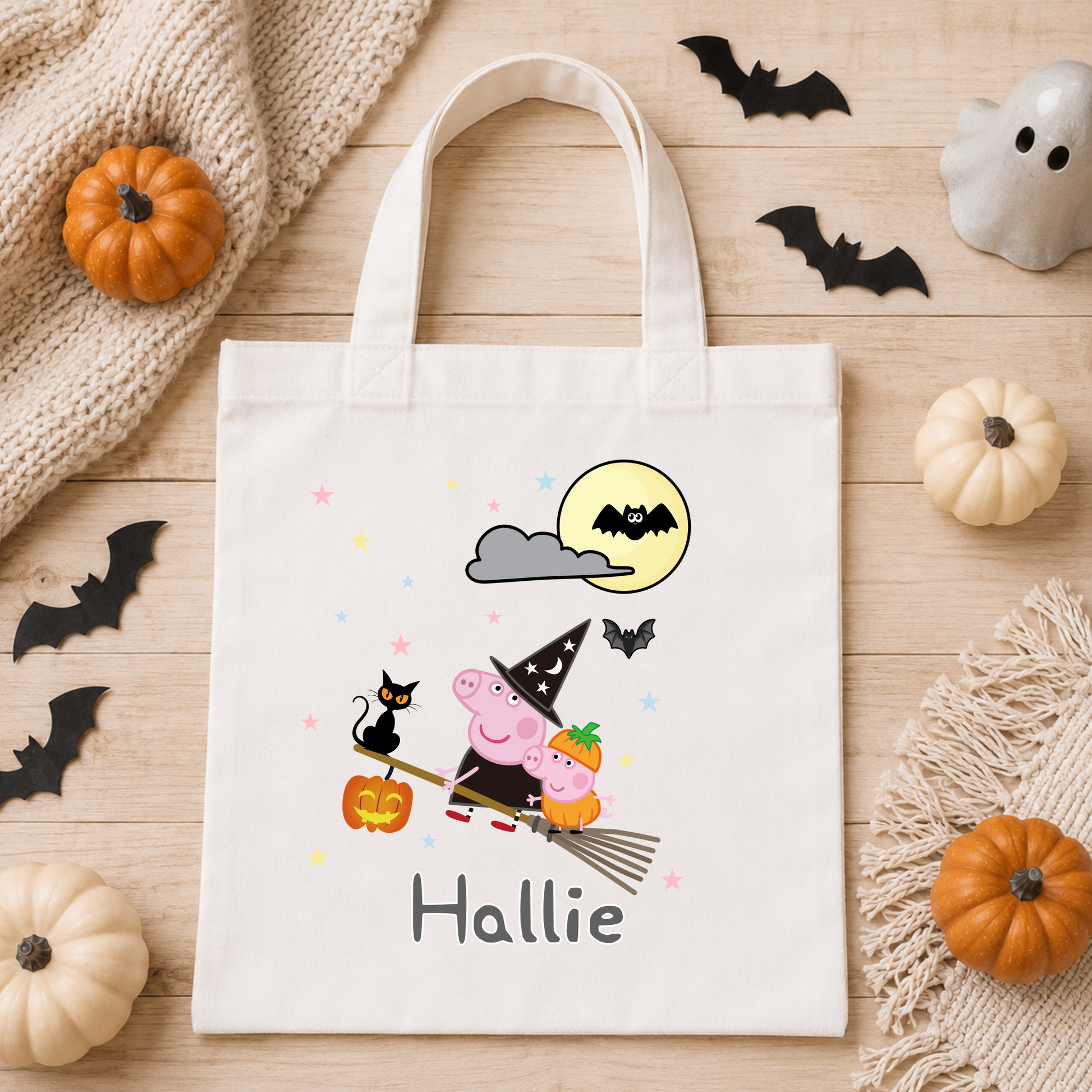 Kids Personalised Halloween Trick or Treat Bag with Peppa Pig witch design, personalised name, bats, moon and pumpkin