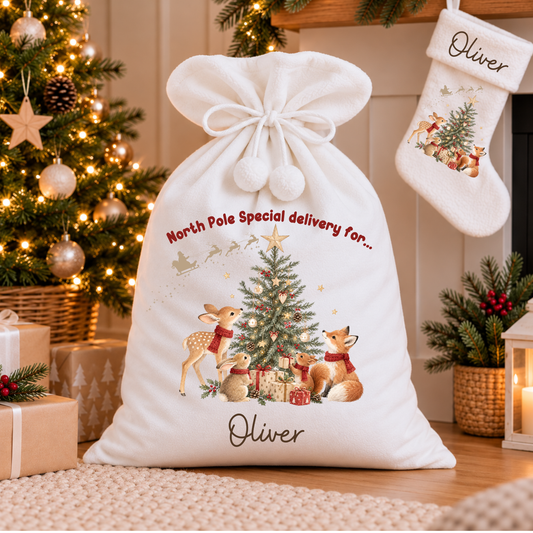 Personalised Christmas stocking and sack: Woodland Animals Christmas Stocking & Santa Sack with deer, fox, bunny and squirrel design, available individually or as a matching set.