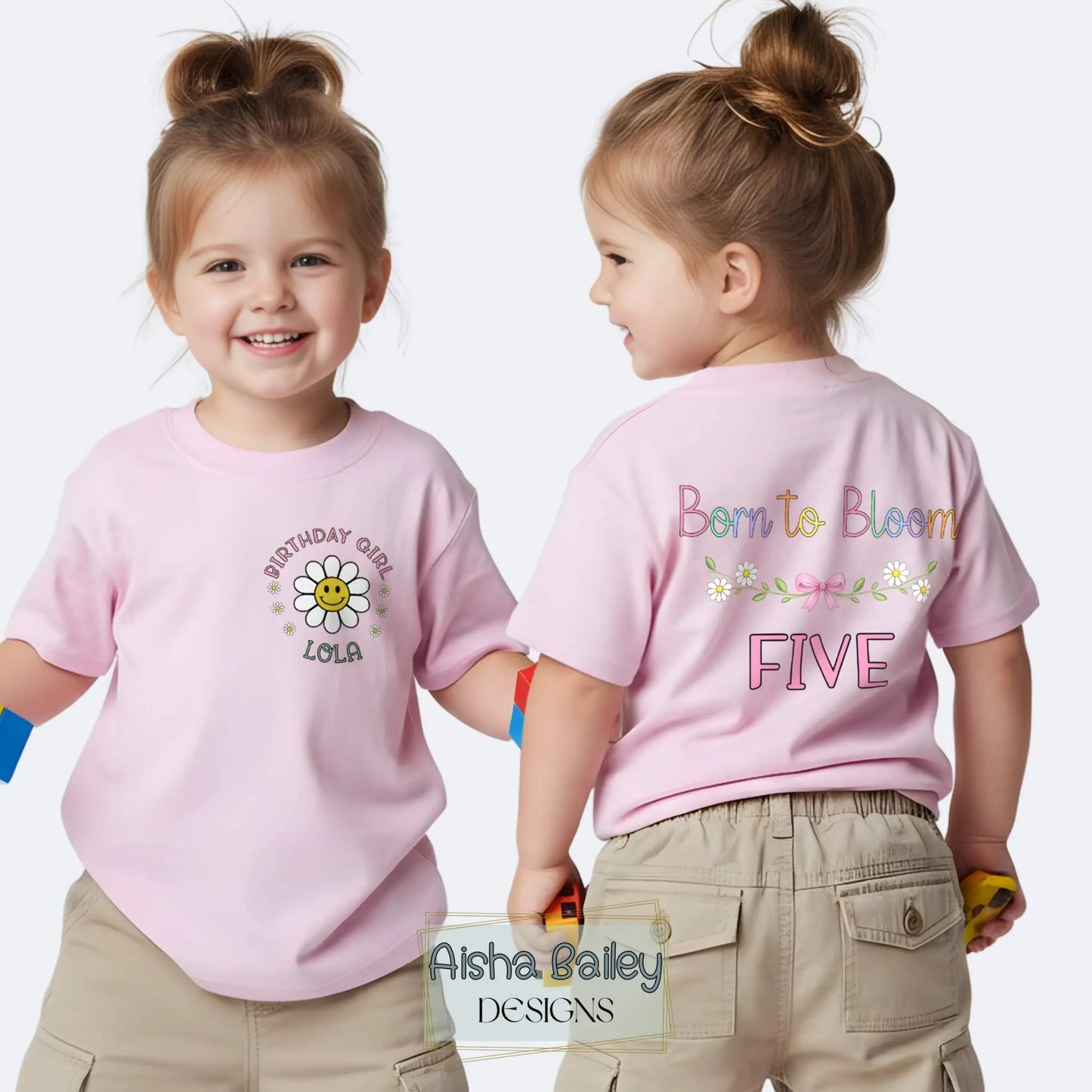 Personalised Birthday Girl T-shirt with daisy design front and Born to Bloom print back