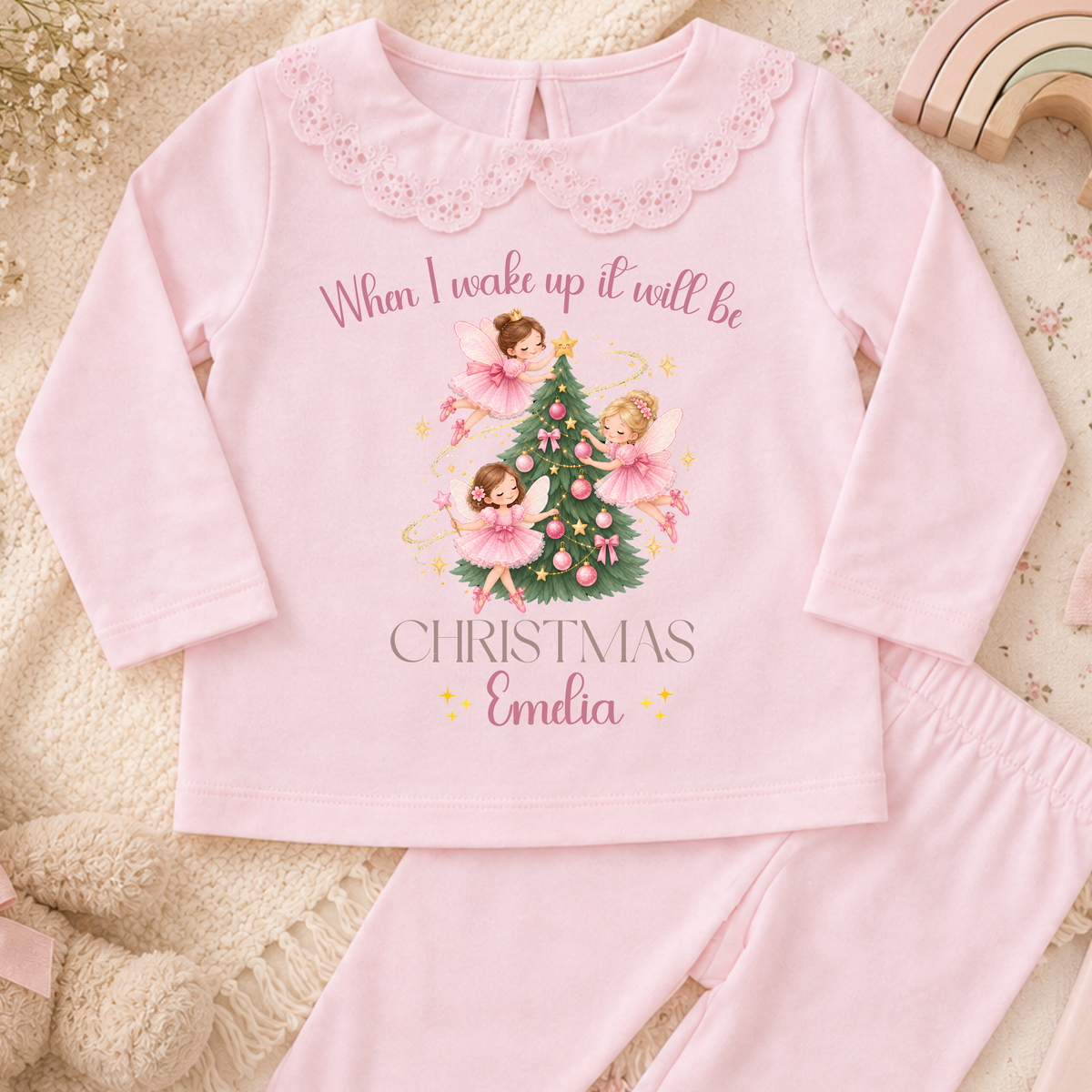 Girls Christmas Pyjamas personalised with name, featuring pink fairies, a Christmas tree and When I Wake Up It Will Be Christmas design.