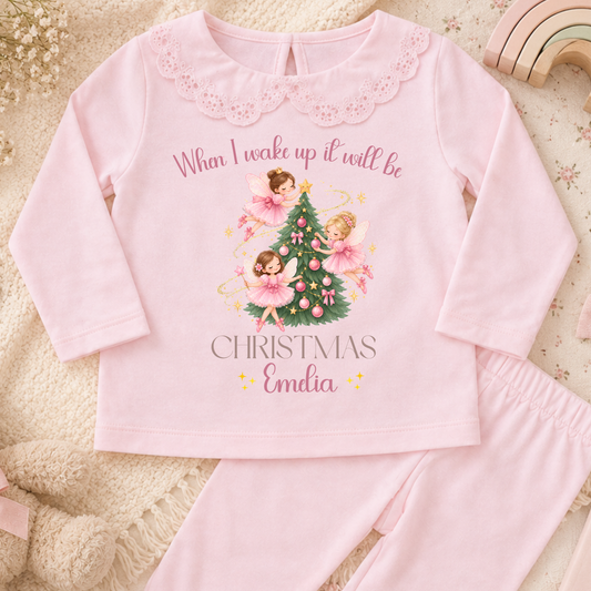Girls Christmas Pyjamas personalised with name, featuring pink fairies, a Christmas tree and When I Wake Up It Will Be Christmas design.