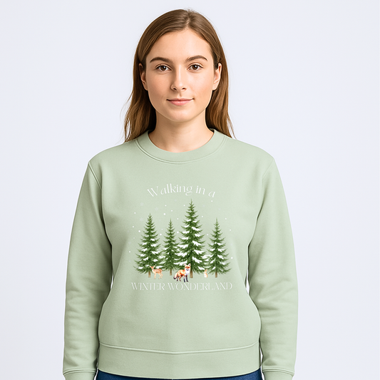 Walking in a Winter Wonderland Adults Christmas Sweatshirt in navy or sage with Winter Wonderland woodland scene