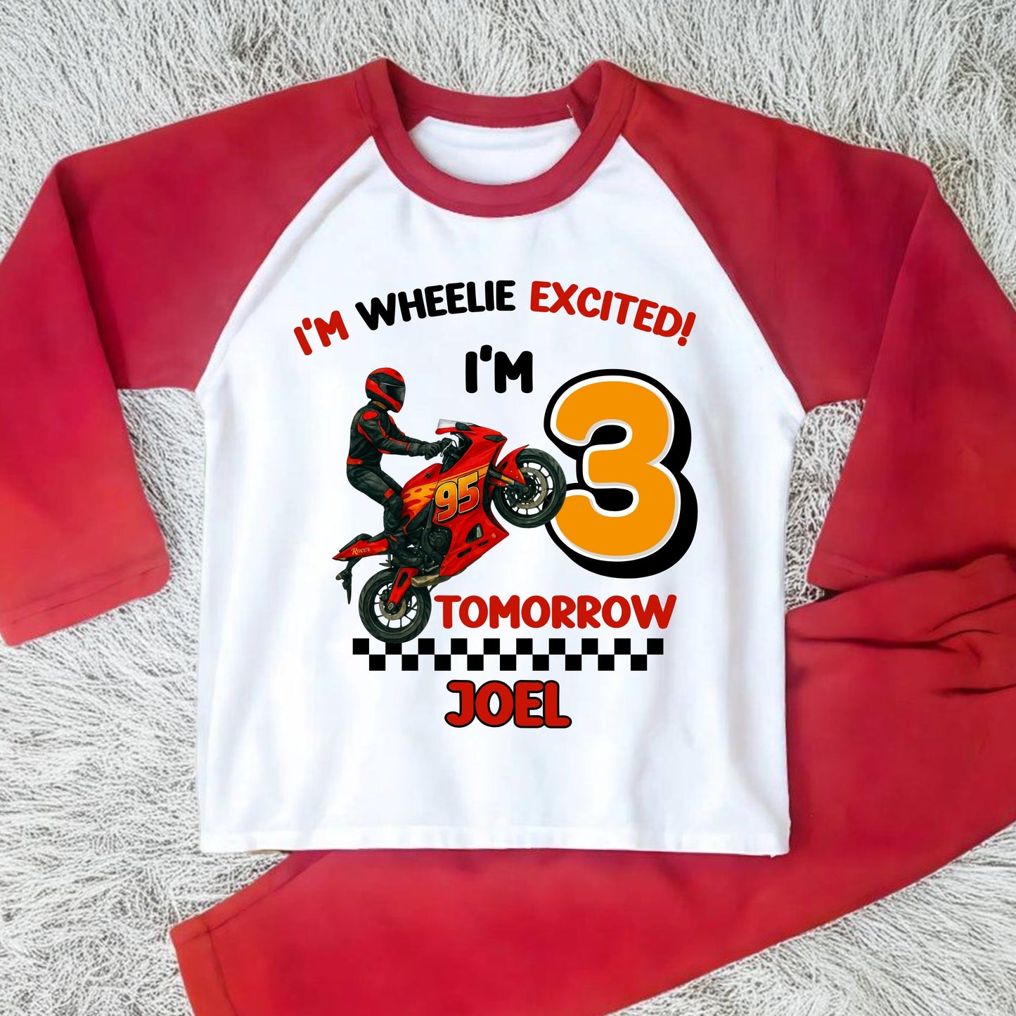 Personalised motorbike birthday pyjamas with Lightning-McQueen-inspired design and custom name and age