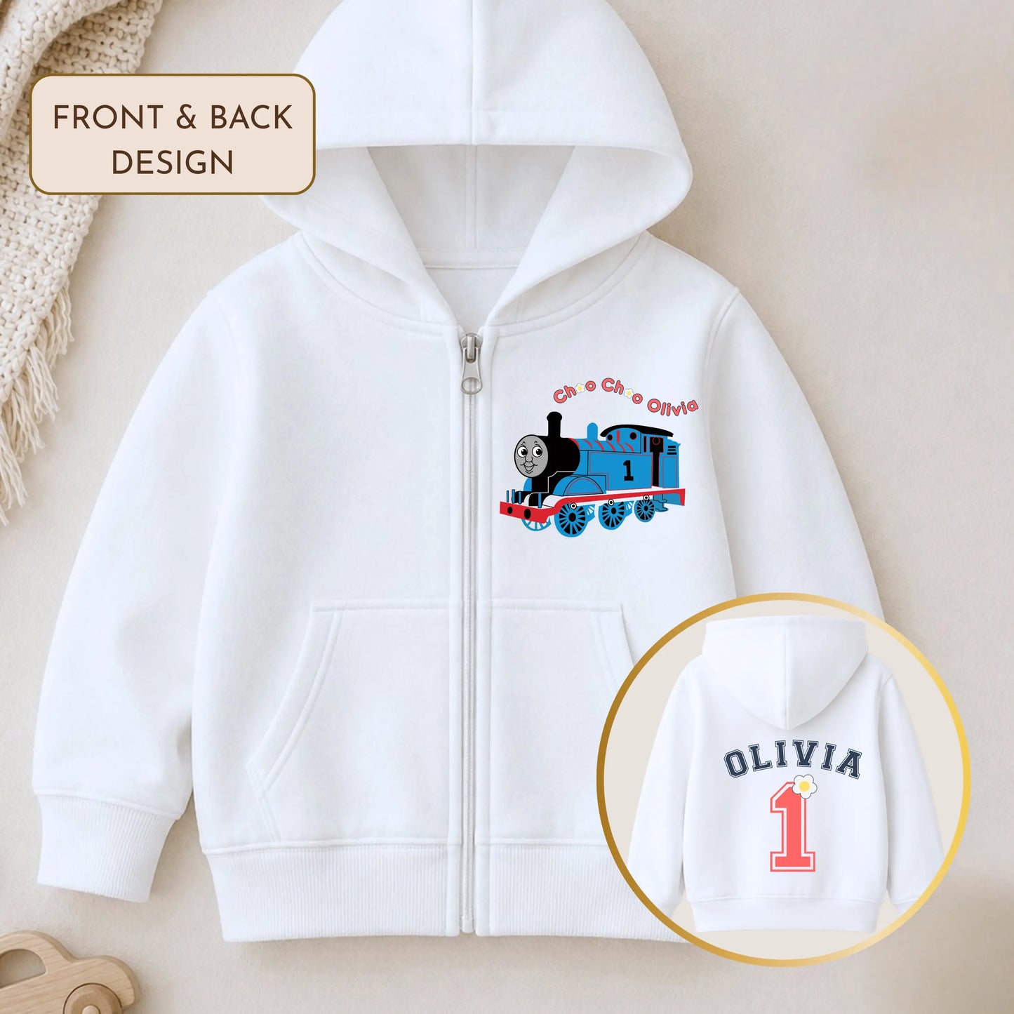 Personalised Girls Thomas the Tank Engine Zip-up Custom Hoodie with Back Print  - any name and number AishaBaileyDesigns