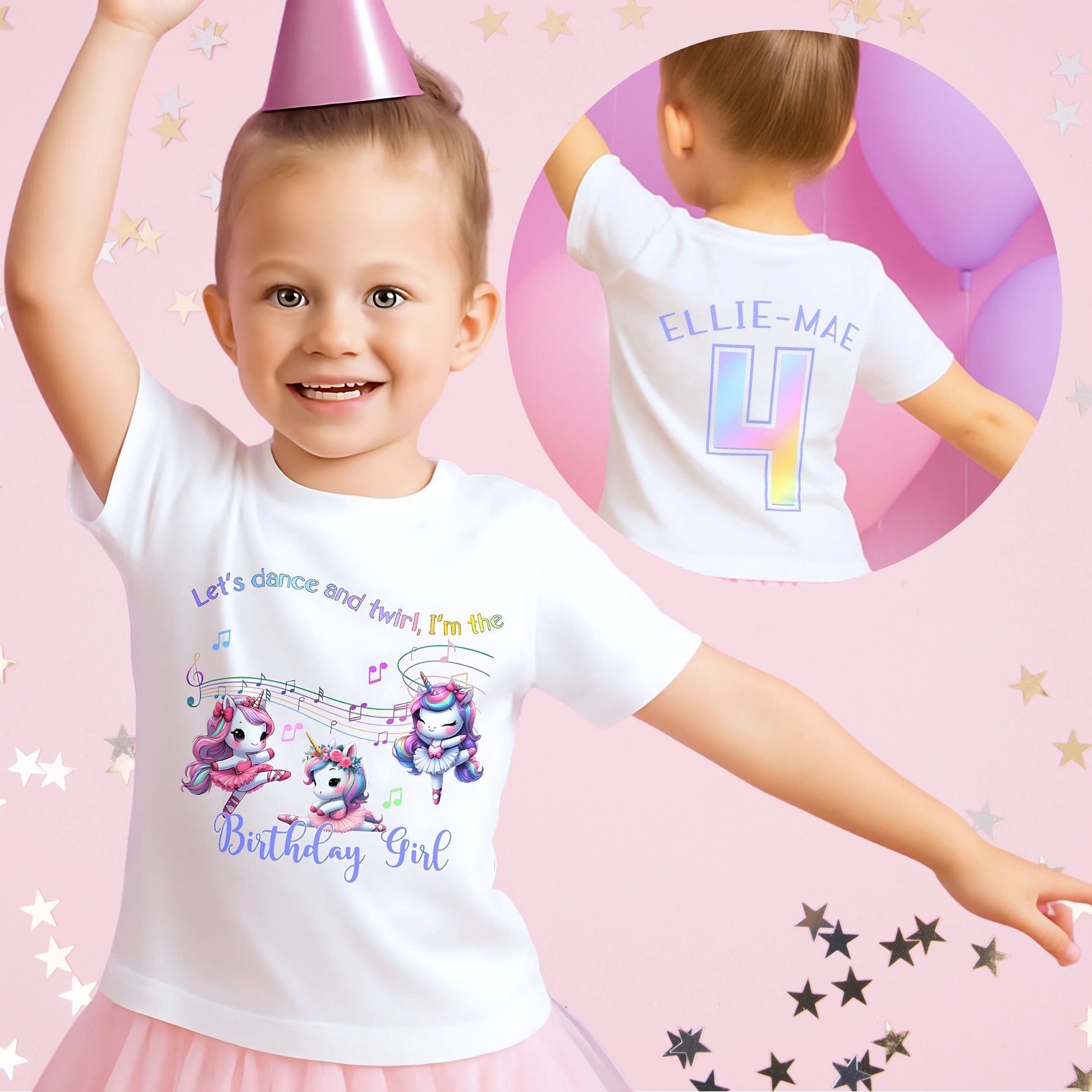 personalised unicorn birthday t-shirt for girls with custom name and age, featuring a cute dancing unicorn design on soft cotton, the perfect unicorn birthday outfit for party celebrations, cake cutting, twirling, and keepsake photos.