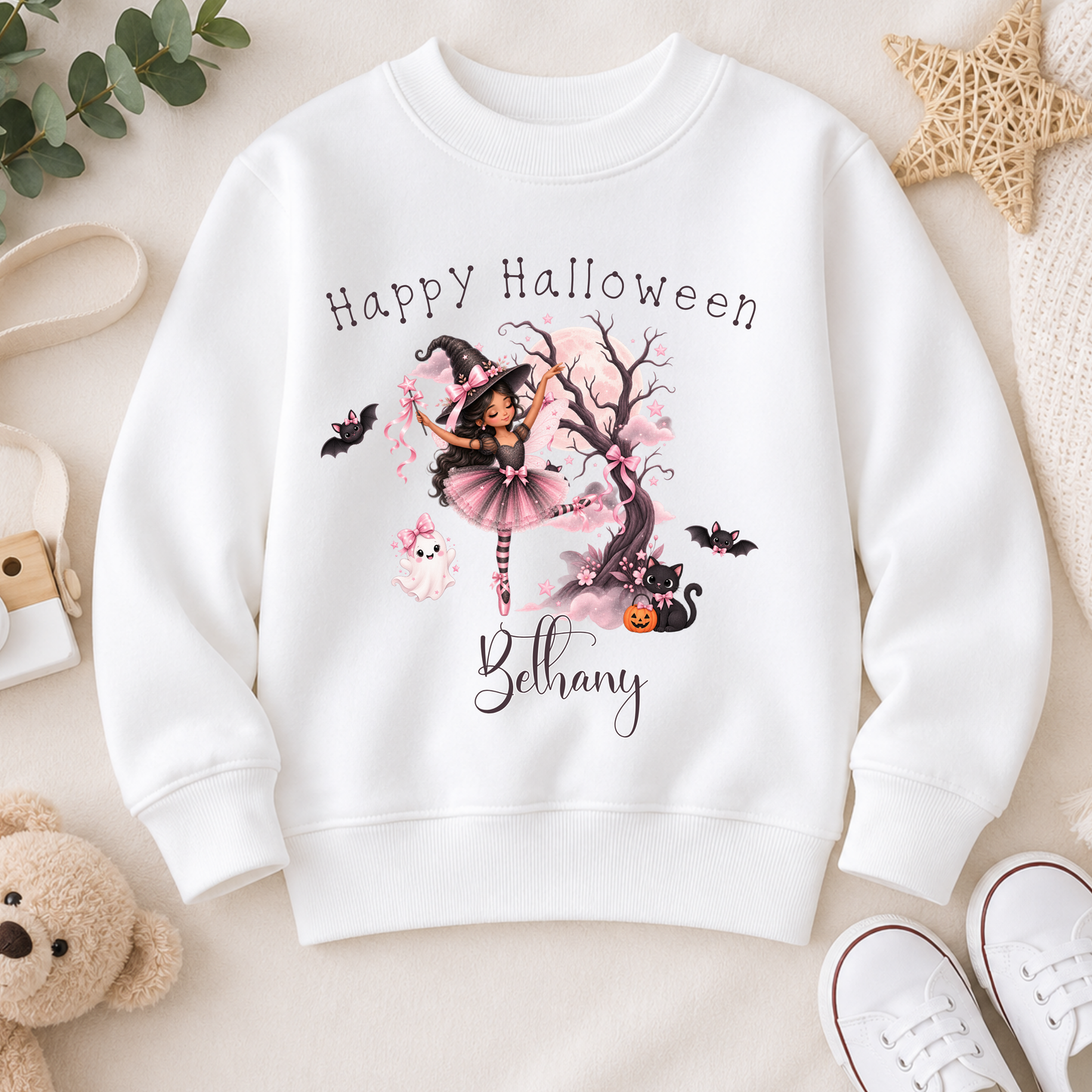 Personalised Halloween Sweatshirt for girls with witch ballerina, black cat, ghost, bats and child's name in pink Halloween design.