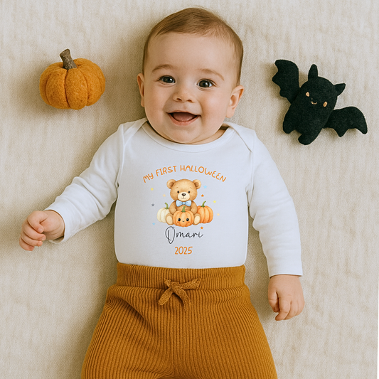 Personalised First Halloween Outfit for baby boy with teddy and pumpkin design, customised with baby name.