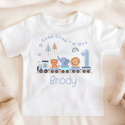Safari Birthday T-shirt: Personalised Safari Train for Boys, custom animal birthday tee, wild one personalised tshirt, jungle theme birthday tshirt
