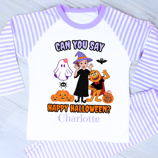 Girls personalised Ms Rachel Halloween pyjamas with “Can You Say Happy Halloween?” design and child’s name