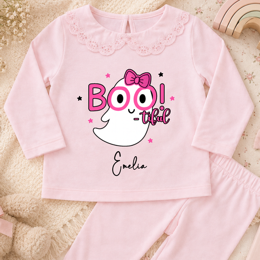Personalised Halloween pyjamas for girls with pink Boo-tiful ghost design, custom name and white frill collar, cute kids Halloween nightwear.