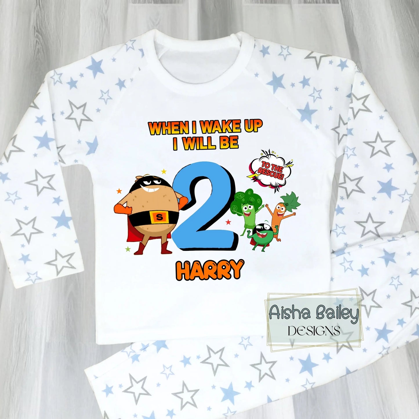 Boys personalised Supertato birthday pyjamas with When I Wake Up design, custom name and age, white star print kids PJs