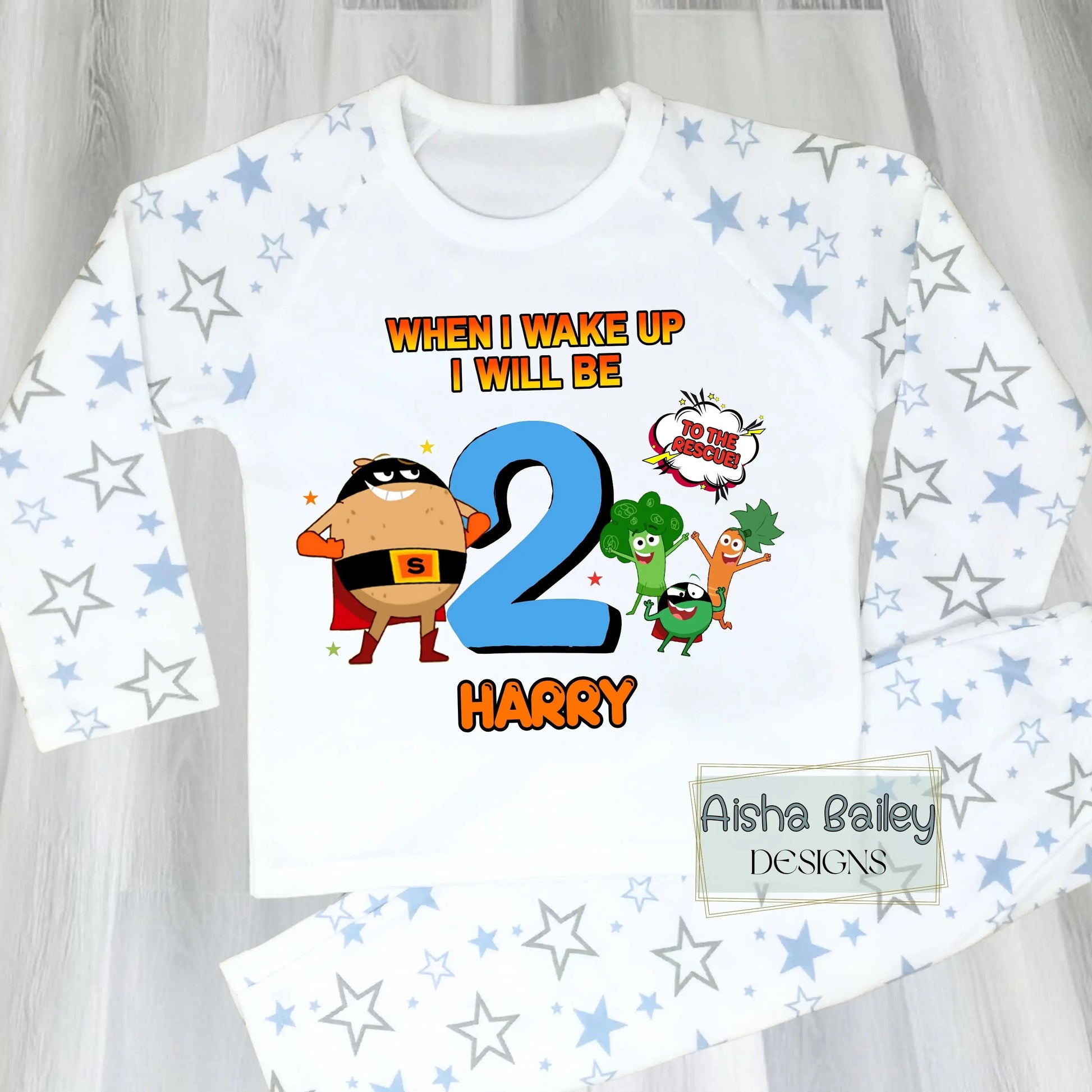 Boys personalised Supertato birthday pyjamas with When I Wake Up design, custom name and age, white star print kids PJs