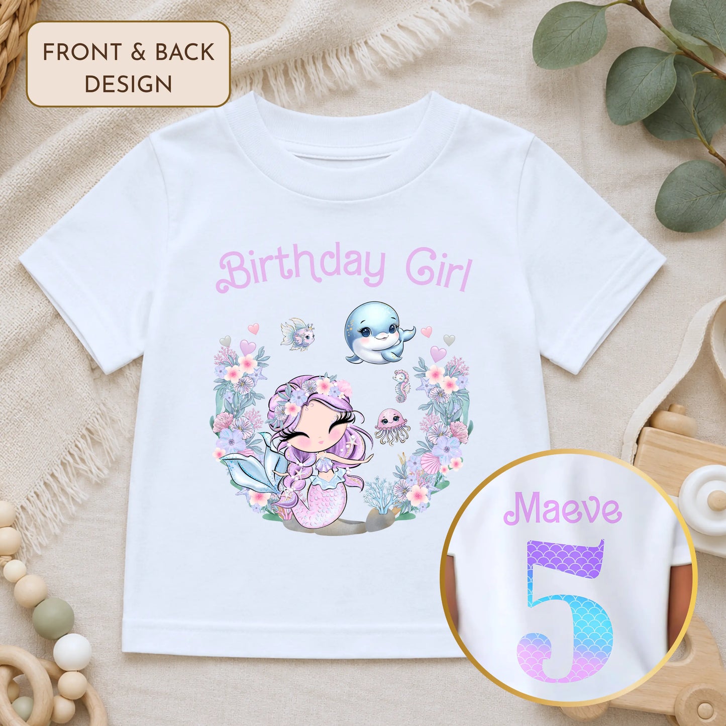 Personalised Mermaid Birthday T-shirt for Girls with Front and Back Design AishaBaileyDesigns