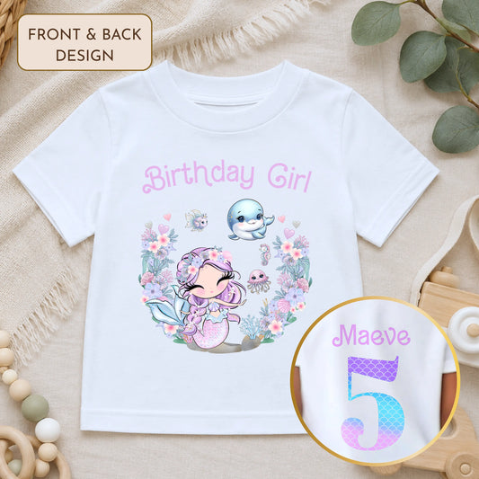 Personalised Mermaid Birthday T-shirt for Girls with Front and Back Design AishaBaileyDesigns
