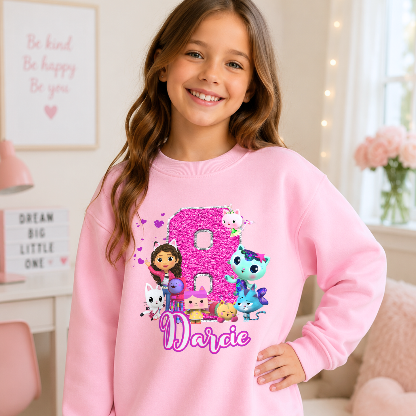 Personalised Gabby's Dollhouse Birthday Sweatshirt for Girls: A custom name and age sweatshirt for a girl's birthday Gabby's Dollhouse themed