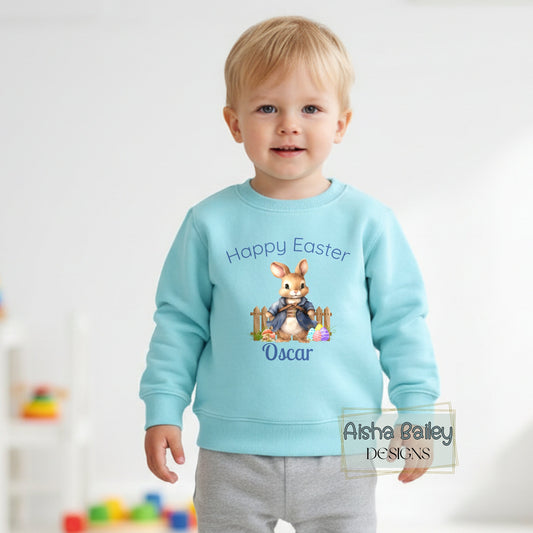Personalised Easter top for boys with white rabbit bunny design and custom name, available as sweatshirt or t-shirt