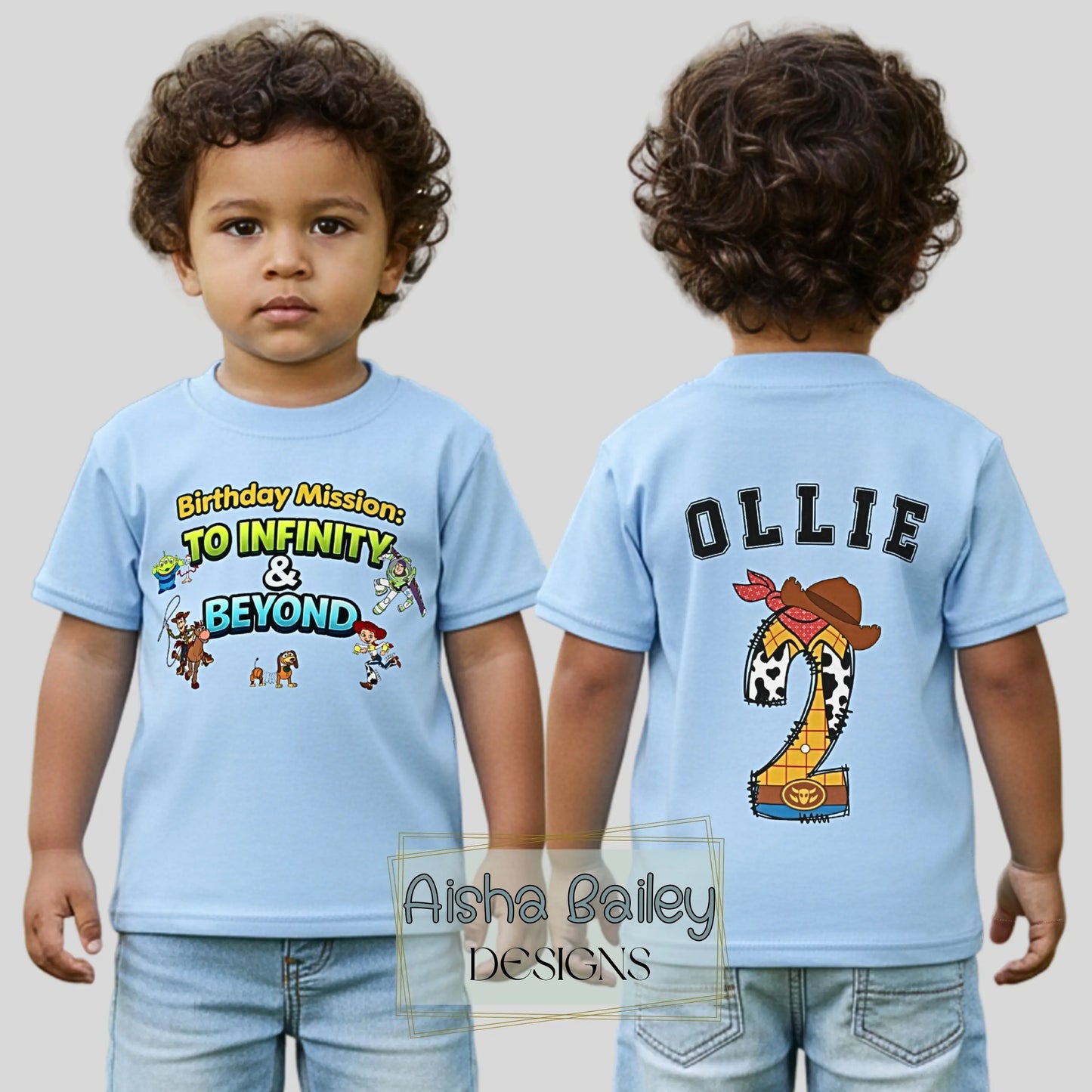 Toy Story Birthday T-shirt, Toy Story personalised birthday t-shirt for boys with custom name age and Buzz Woody or Jessie character on back number design