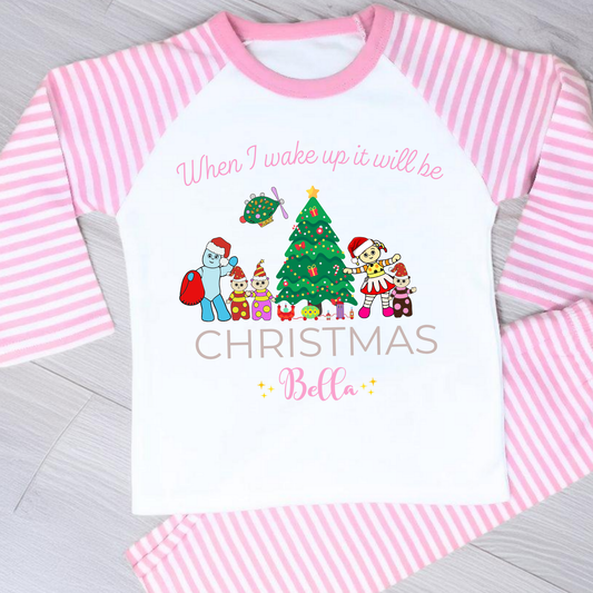 Personalised In the Night Garden Christmas pyjamas for girls with festive characters and custom name design
