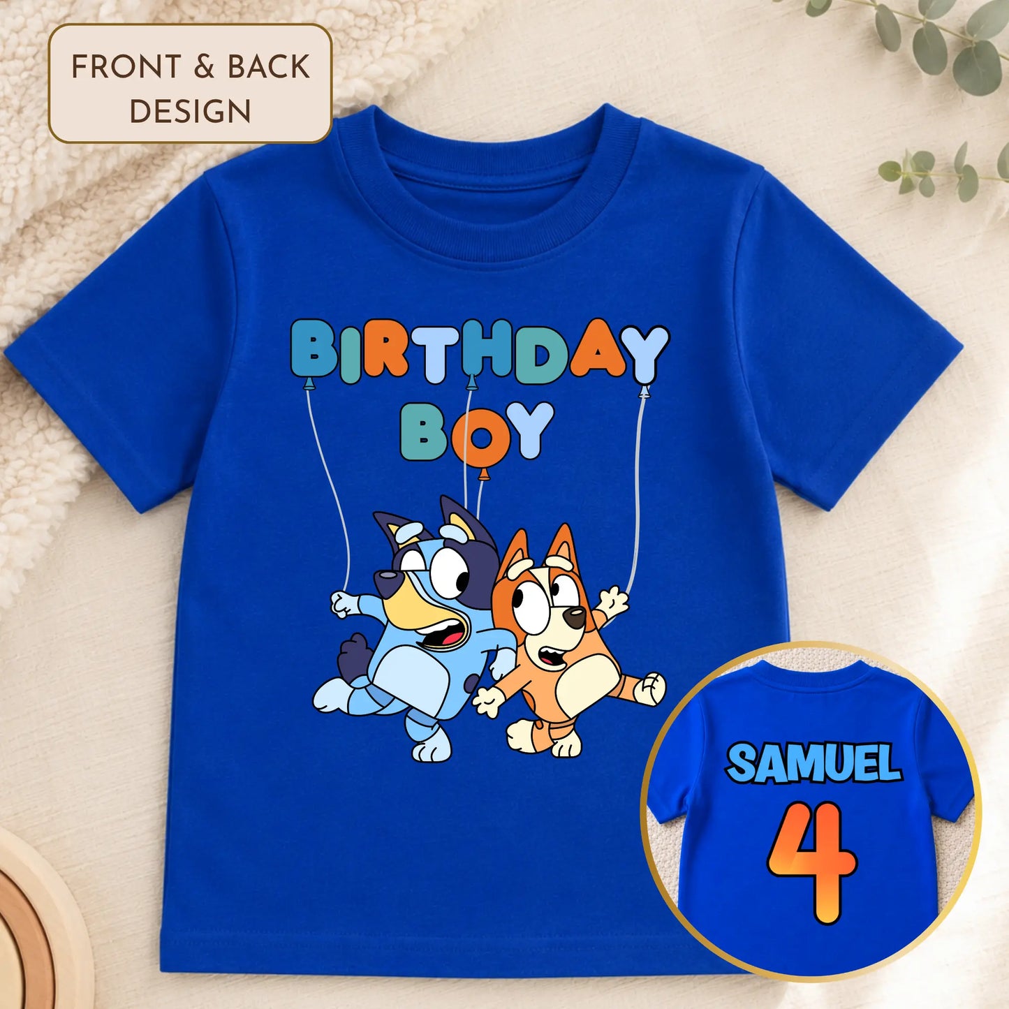 Boys Personalised Bluey and Bingo Birthday T-shirt - Bluey and Bingo Tee Back and Front Print AishaBaileyDesigns