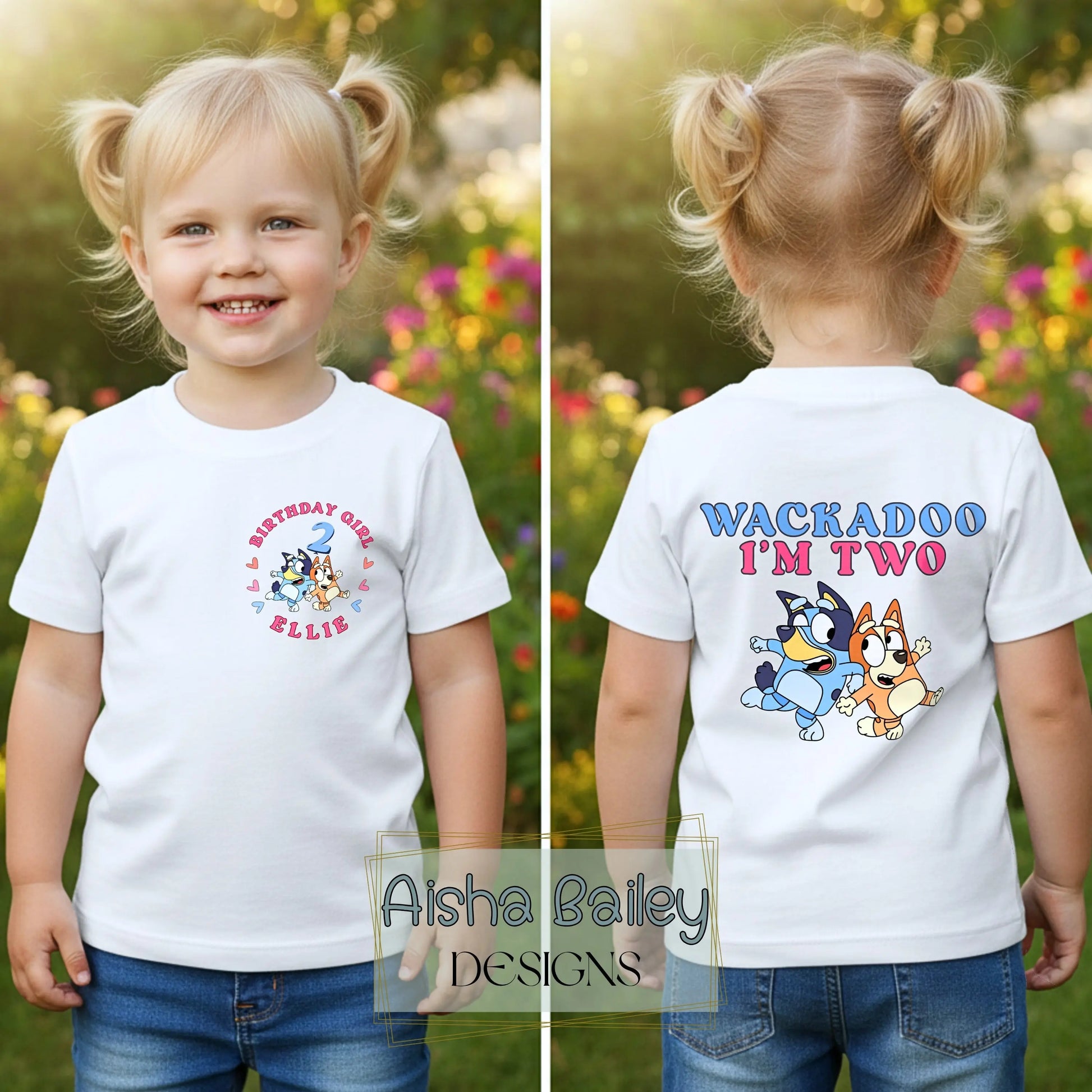 Personalised girls birthday t-shirt with Wackadoo I’m custom age design, name and age front print and large back print white tee