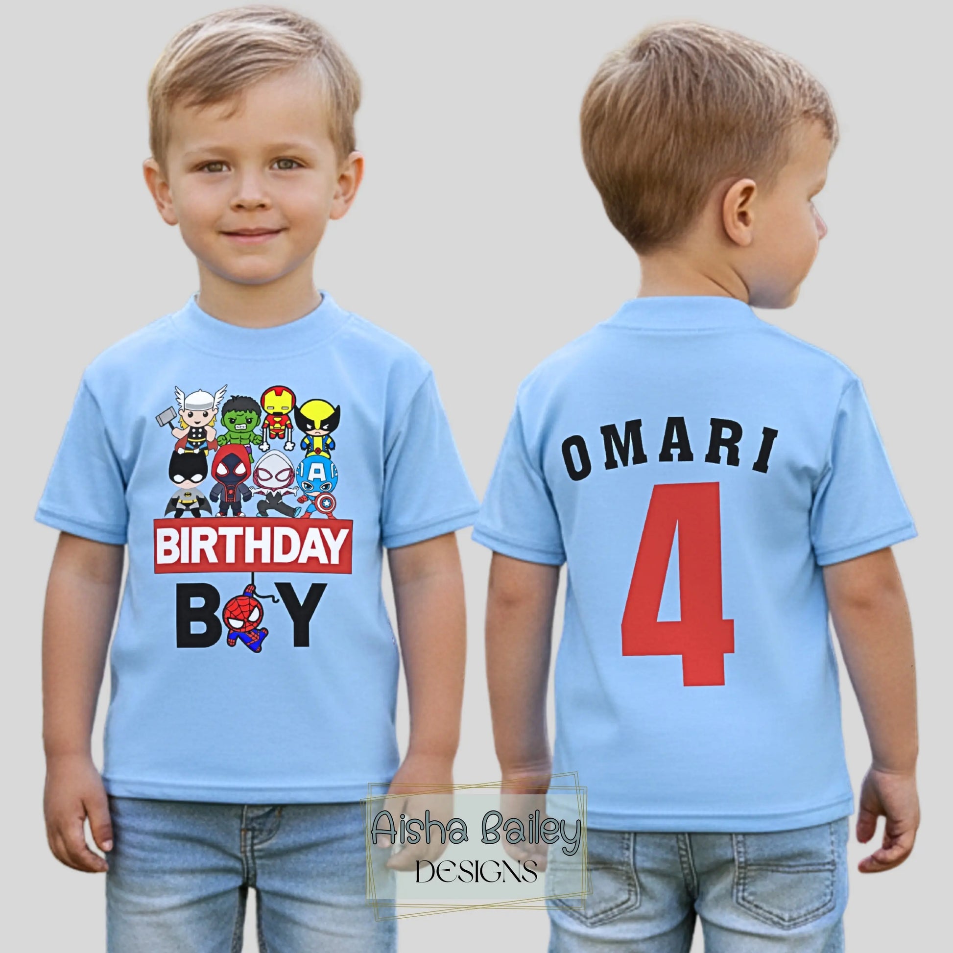 Boys Pwesonalised Superhero Birthday T-Shirt with Name & Age Front and Back AishaBaileyDesigns