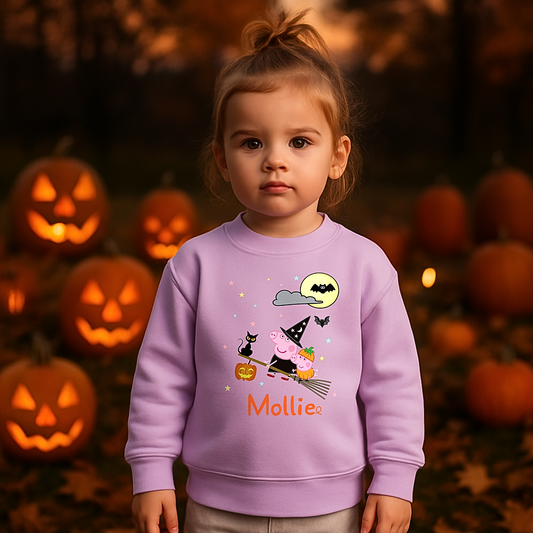personalised halloween sweatshirt, Personalised Peppa Pig Halloween sweatshirt for kids with witch design and custom name