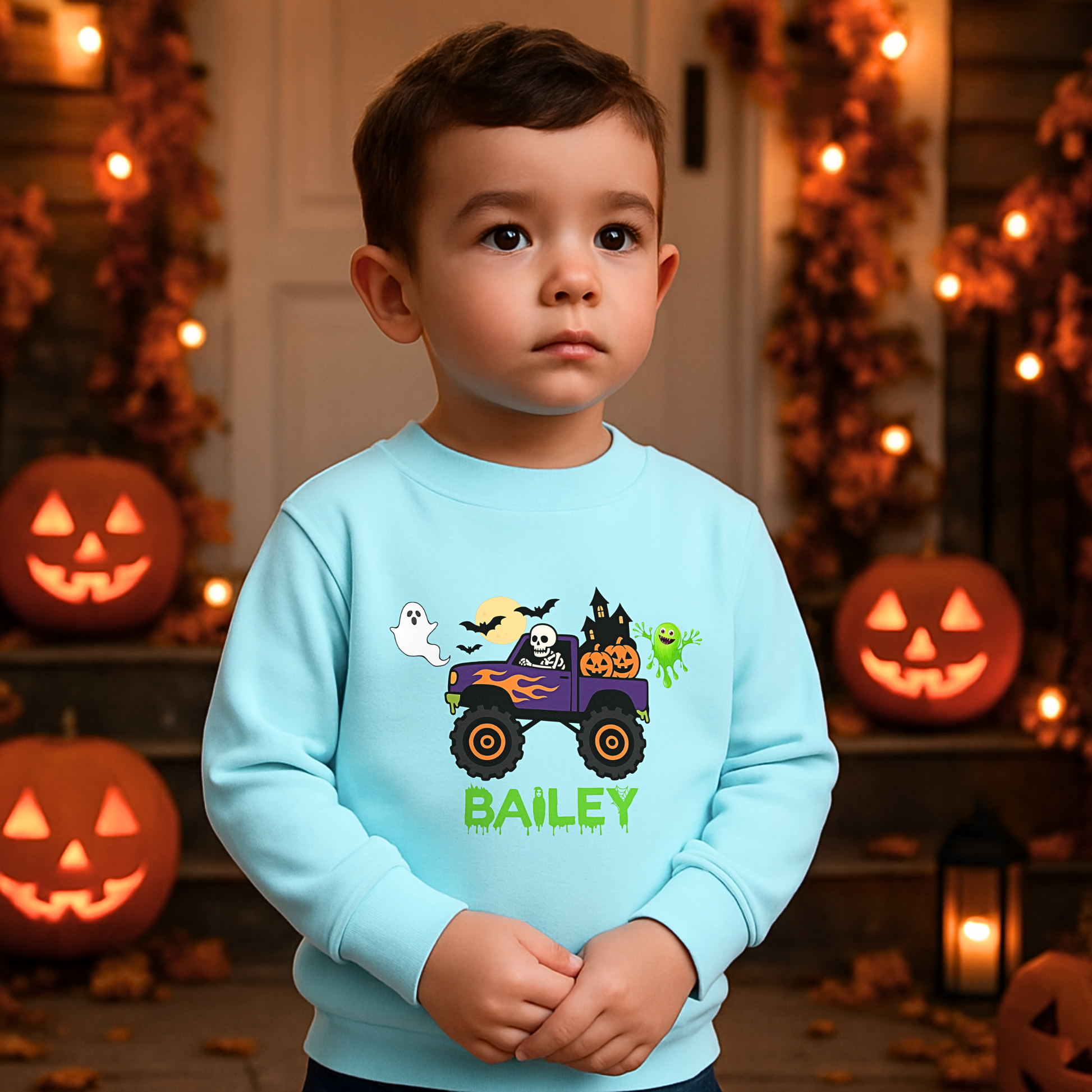 Personalised Halloween Sweatshirt, Halloween Monster Truck Sweatshirt with ghost, pumpkins, and personalized name for kids
