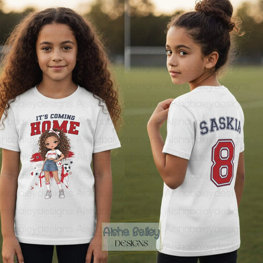 Personalised England World Cup T-shirt 2026 kids England t-shirt with custom name and number, come on England and it’s coming home football design