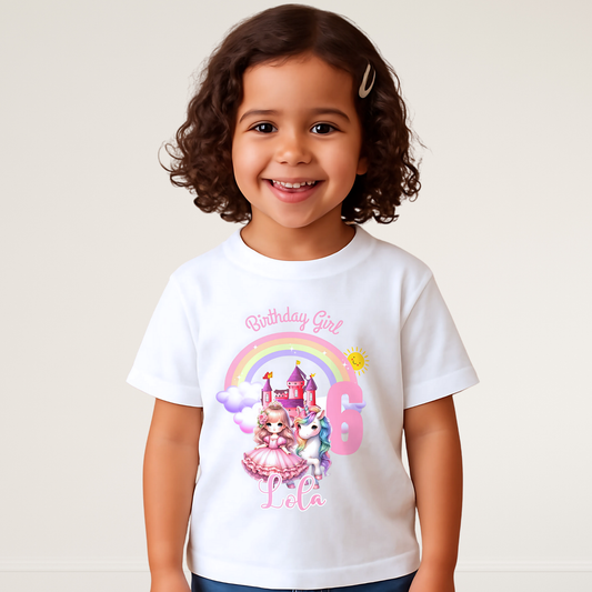 Princess Unicorn Birthday T-Shirt: A white T-shirt featuring a whimsical design of a Princess, unicorn and rainbow, perfect for a girl's birthday celebration. The shirt is personalized with the child's name, offering a unique keepsake. It's crafted from soft, high-quality fabric for comfort and style, making any young girl feel like a princess on her special day. Perfect princess gift, personalised princess tee, custom name shirt, Birthday Girl Princess tshirt.