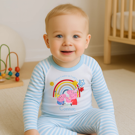 Personalized boys Peppa Pig Birthday Pyjamas featuring Peppa, George, and baby sister Evie; soft cotton; vibrant design; ideal birthday gift; peppa pigs sibling, peppa's baby sister