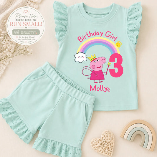 Personalised Peppa Pig Birthday Outfit for Girls – Frilly Top and Shorts Set with Name & Age AishaBaileyDesigns